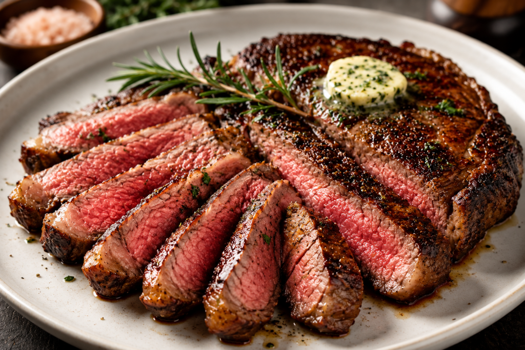 Juicy medium-rare ribeye steak sliced and served with garlic herb butter and fresh rosemary.